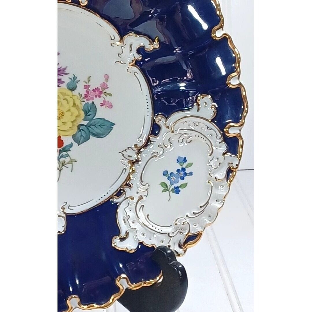 HUGE MEISSEN PORCELAIN B Form Cake Plate Cobalt Blue Flower 23K