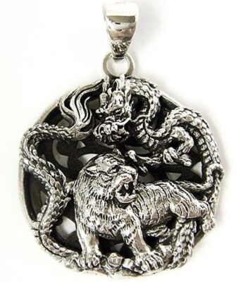 JAPANESE DESIGN ''DRAGON VS TIGER'' STERLING 925 SILVER PENDANT