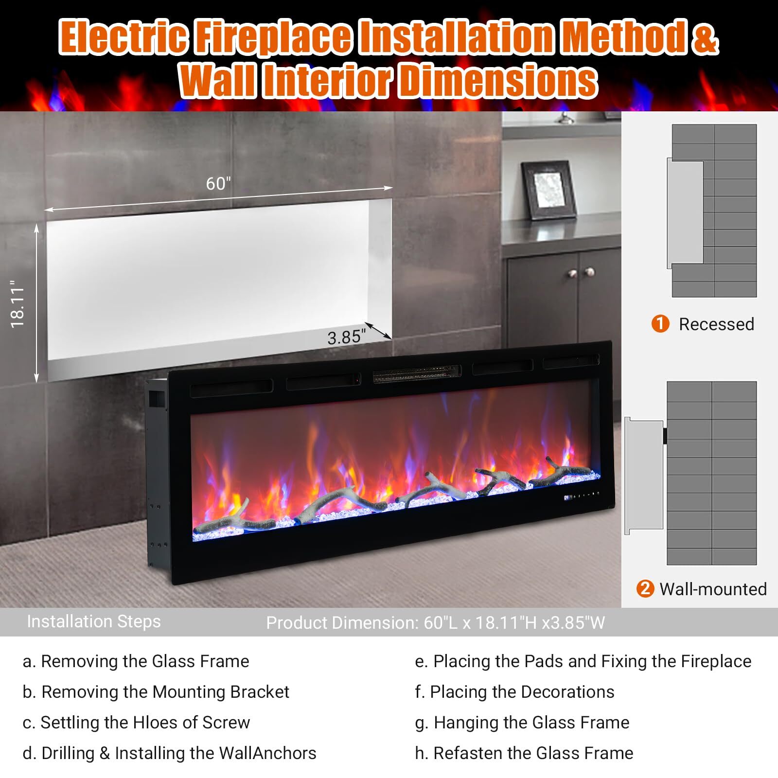 60" Electric Fireplace 1500W Heater Recessed Wall Mounted Fireplace Smart Wifi 