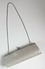 Vintage Silver Glitter Evening Party Clutch with Metal Chain Strap 10.5x 3.5 in