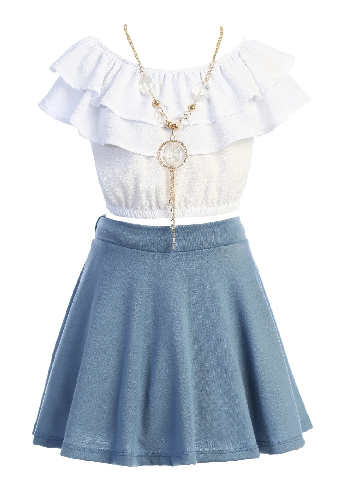 Girls Crop Top Ruffle Layered Top Floral Flower Girl Skirt Sets Denim Blue Dress