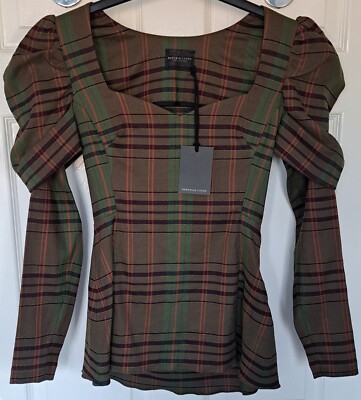 Deborah Lyons Sadie Bluse UK 6 grün Schottenkaro Puffärmel Leinen Herzausschnitt