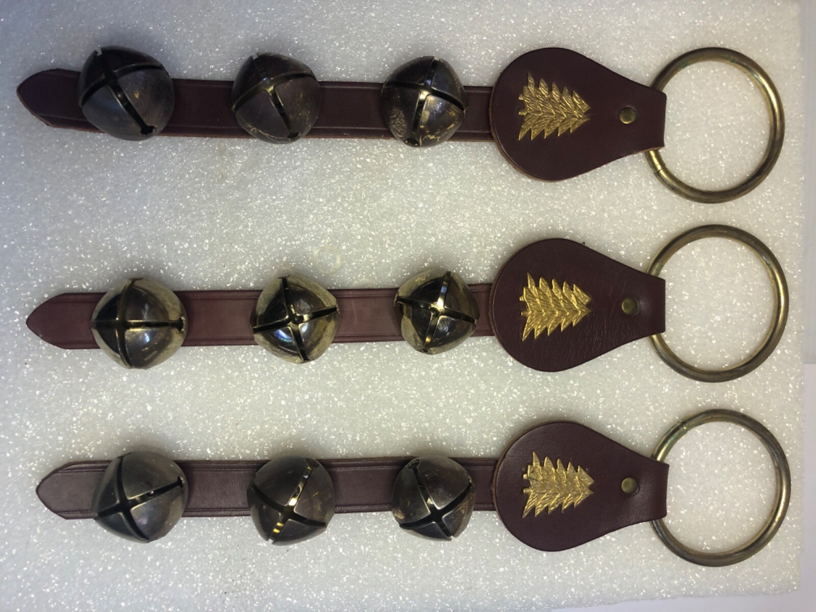 Three (3) 14”  Sleigh Jingle Bells On A Leather Strap Christmas Reindeer 9 Bells