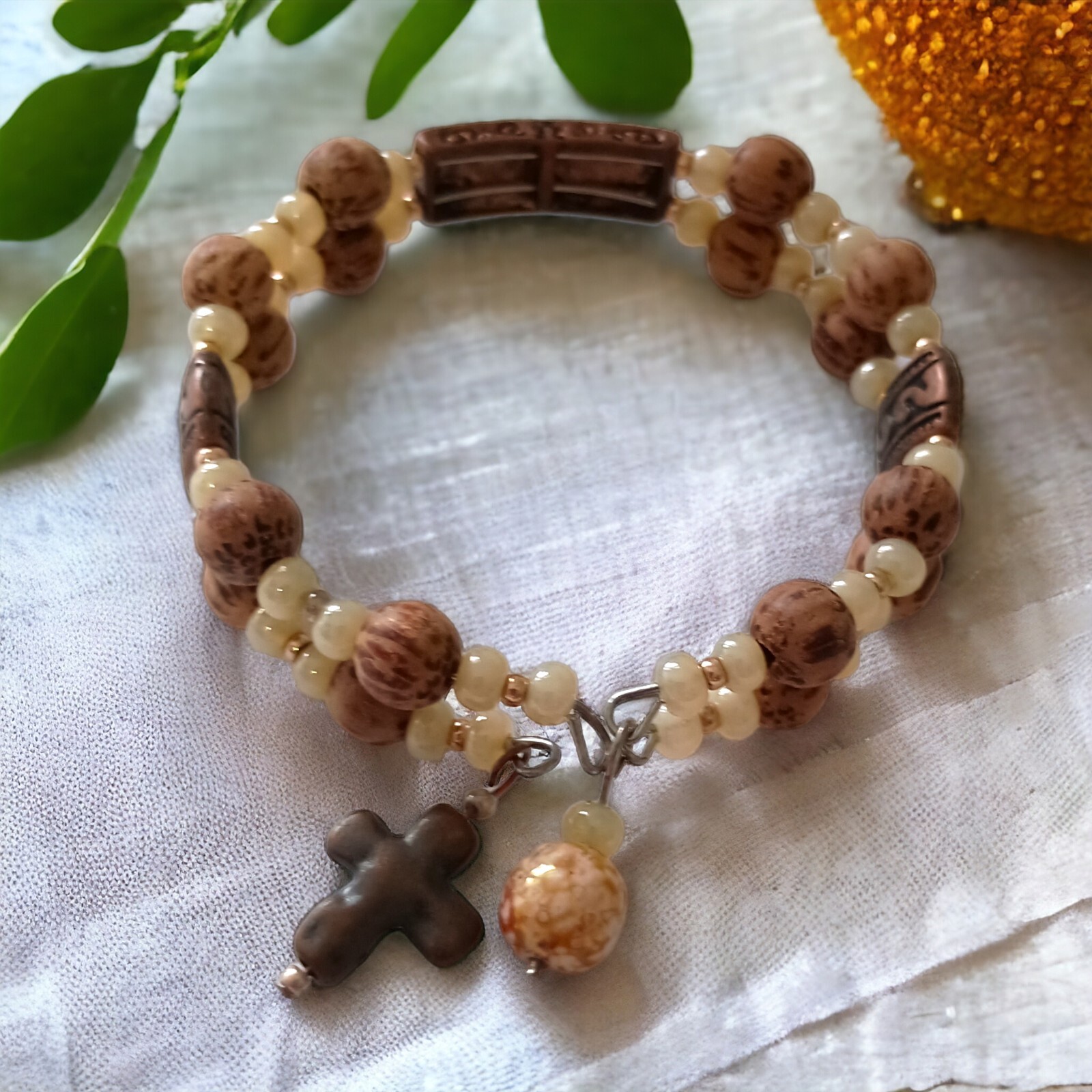 LIVE Beaded Memory Wire Bracelet Bangle Cross Ins… - image 1