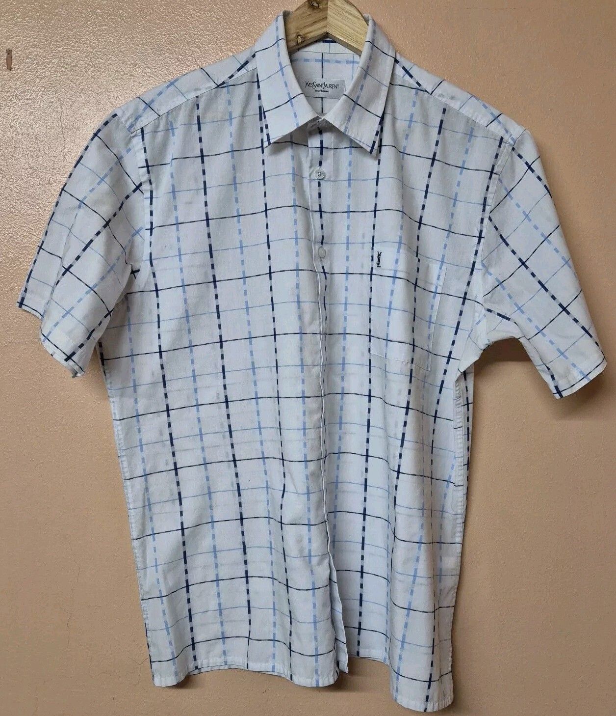 Camicia Yves Saint Laurent bianca blu quadri manica corta poli cotone taglia large