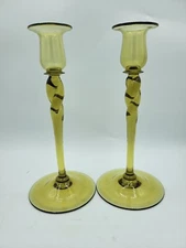 Antique (2) Steuben Art Glass Amber Yellow Green 10" Twist Candlesticks 2#