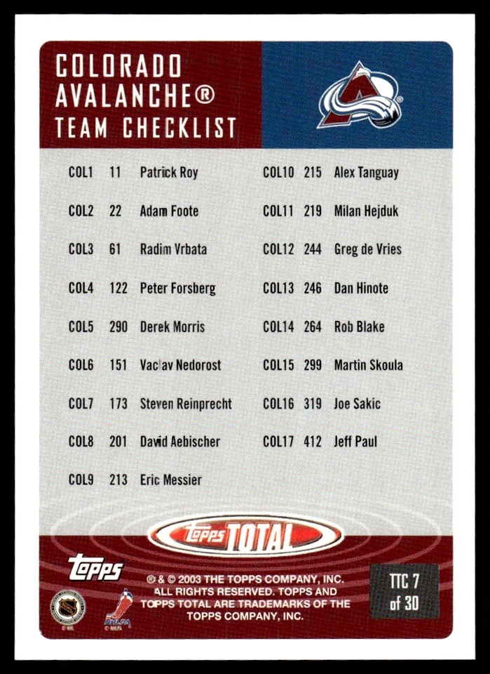 2002-03 Topps Total Patrick Roy Colorado Avalanche #11 - Image 2 of 2