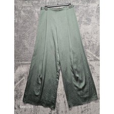Zara Basic W Green Satin Pleated Wide Leg Palazzo Pants Size M Made in Spain