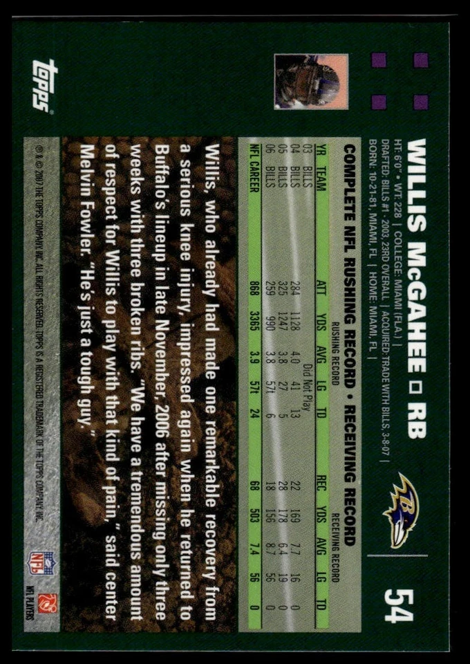 2007 Topps #54 Willis McGahee - Image 2 of 2