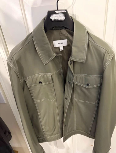 REISS Men’s Light Green “Gibson” Leather Trucker Jacket, Size L - product listing photo
