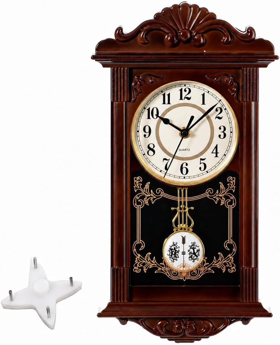 Vintage Grandfather-Style Wall Clock with Wood-Effect Plastic Pendulum, Battery-