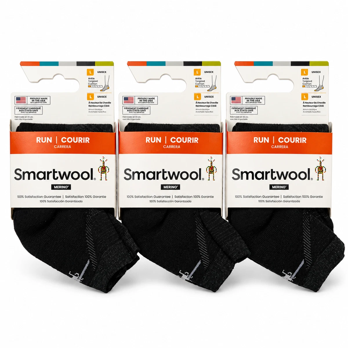 SMARTWOOL RUN CALCETINES TOBILLEROS COJÍN OBJETIVO NEGROS GRANDES SW001661001 3 PARES NUEVOS