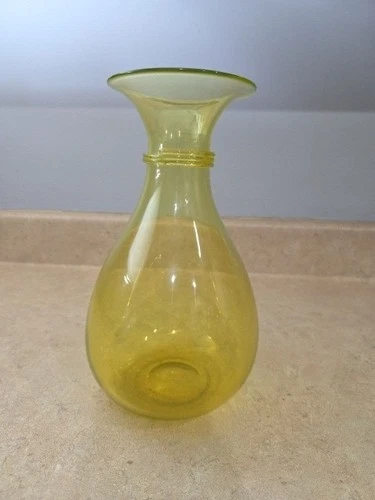 Vintage Blenko Handmade 9" Glass Vase Yellowed Amber with Yellow Ribbed Coil