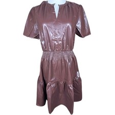 Vigoss Dress Womens M 1801186 Brown Faux Leather Smocked Tiered Ruffle NEW