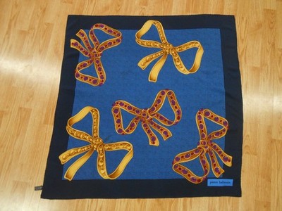 Vtg PIERRE BALMAIN Navy BLUE GOLD Bows w JEWELS SILK Designer Square Scarf 34''