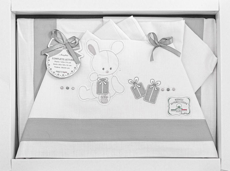 Lenzuola Lettino Neonato 60x120 cm Cotone Set 3 Pezzi Grigio Coniglio Regali B02
