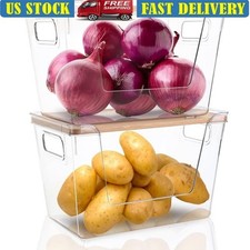 Clear Stackable Pantry Organizers W/ Bamboo Lids Front Opening Storage Bins New