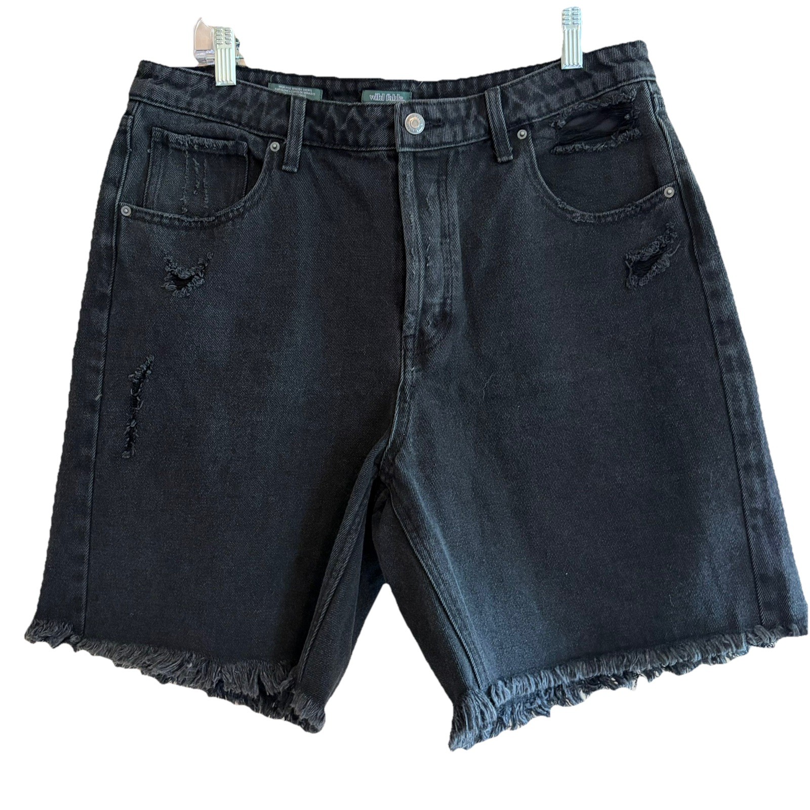 Wild Fable Shorts Womens 14 Black Denim Distressed High Rise Bermuda Button Fly