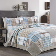 Baby Blues G Q Tartan Plaid Square Patchwork 3-Piece Blue Grey Brown Beige White