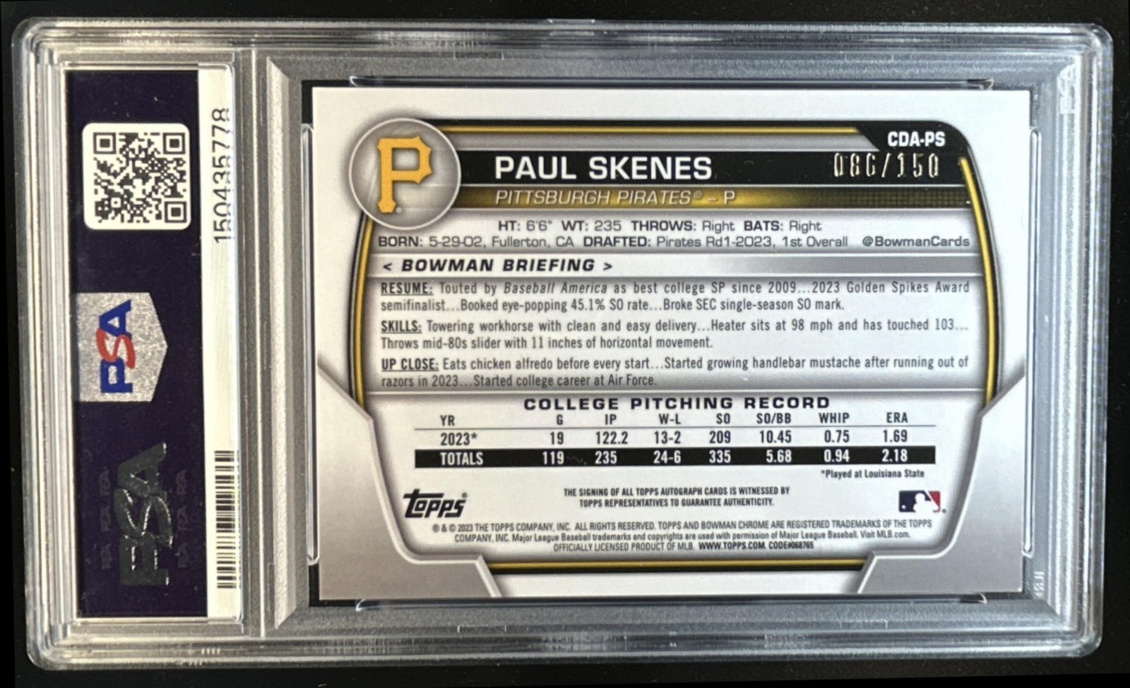 2023 Bowman Draft Paul Skenes Chrome Auto Blue Wave Refractor 1st #/150 PSA 8 10 view 2