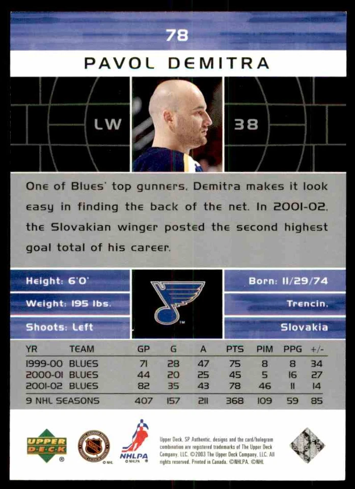 2002-03 SP AUTHENTIC PAVOL DEMITRA #78 - Image 2 of 2