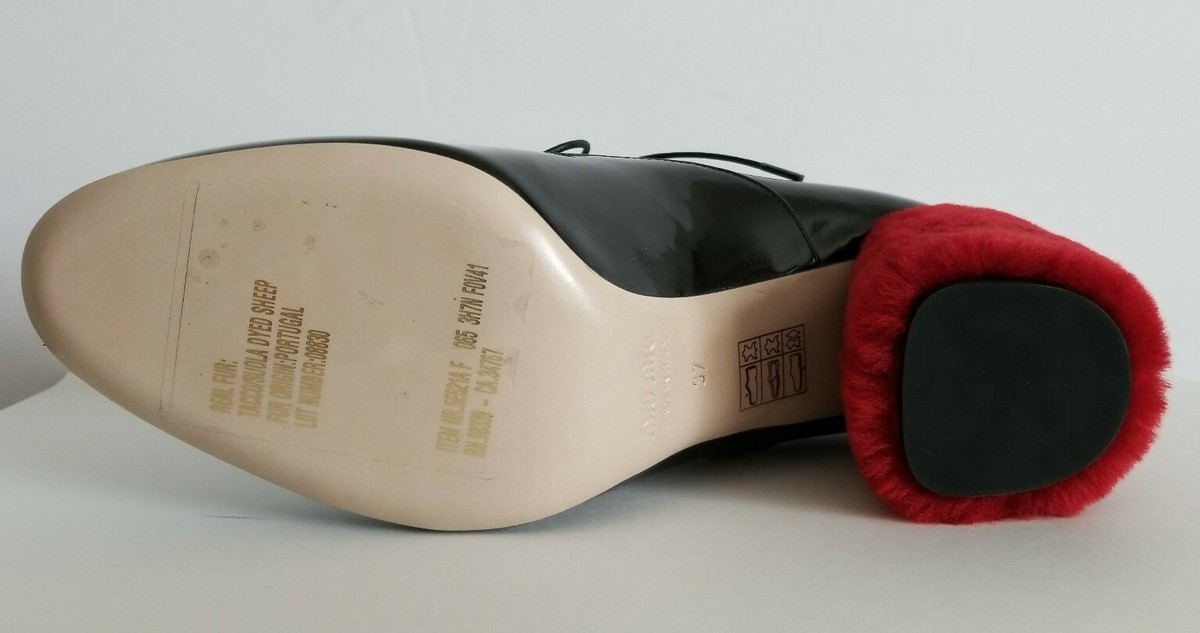MIU MIU AMAZING BLACK PATENT RED SHEARLING FUR HEEL OXFORDS EU 37