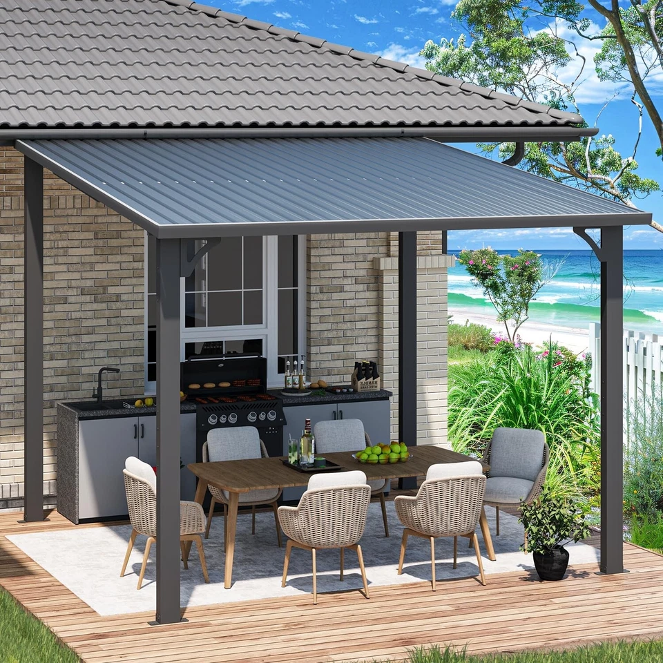 Pérgola exterior con techo rígido inclinada a metal pérgola acero galvanizado techo patio Foto 4 de 4