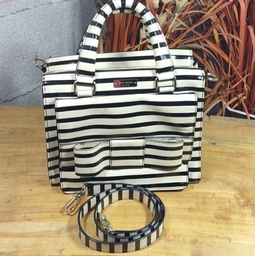 Kate Spade Crossbody Bag Black and White Stripes Patent Front Bow