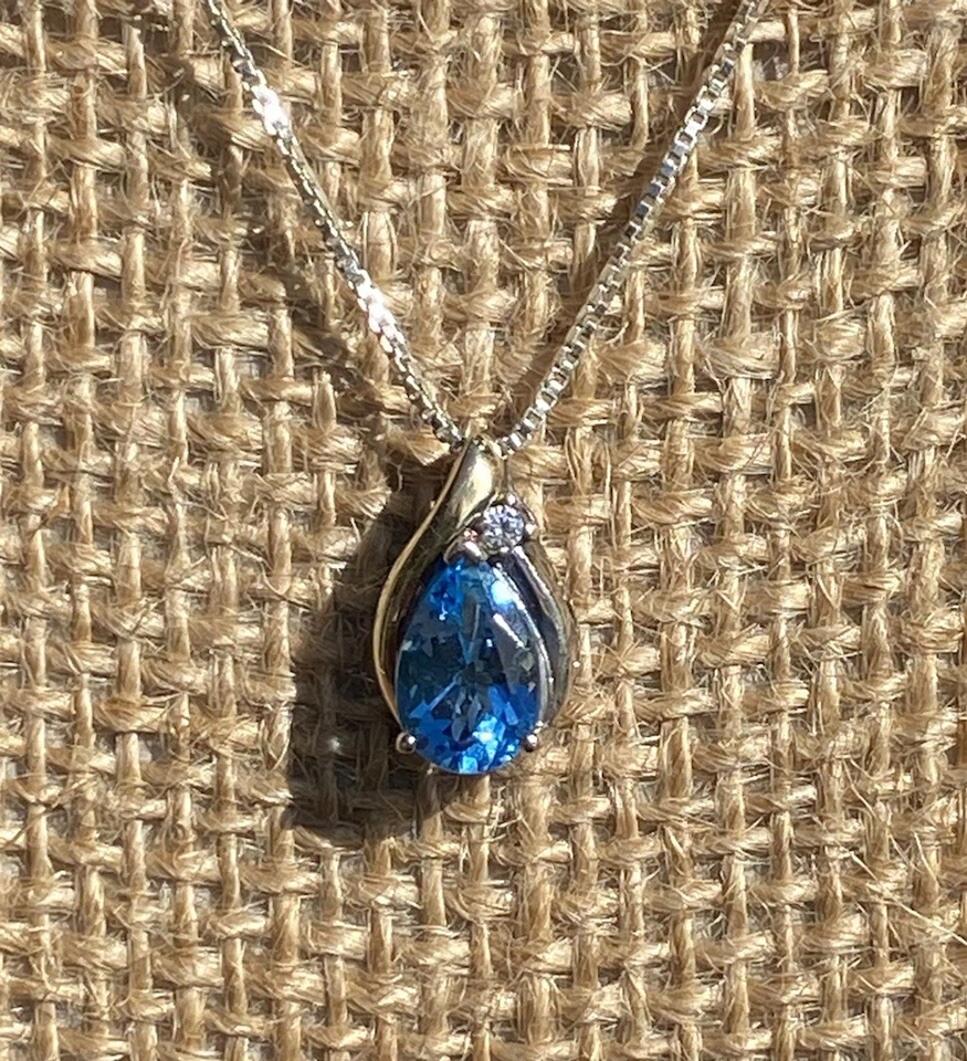 金色 10k 925 银海蓝宝石钻石项链 签名 RL — 第 4/4 张图片