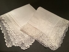 PR 2 WHITE Vintage Linen Sq Handkerchiefs Bridal Fancy Wide Lace Embroidered