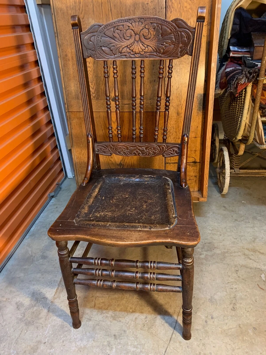 Carved Antique Oak Art Nouveau Kitchen Dining Chair Pressed leather Seat