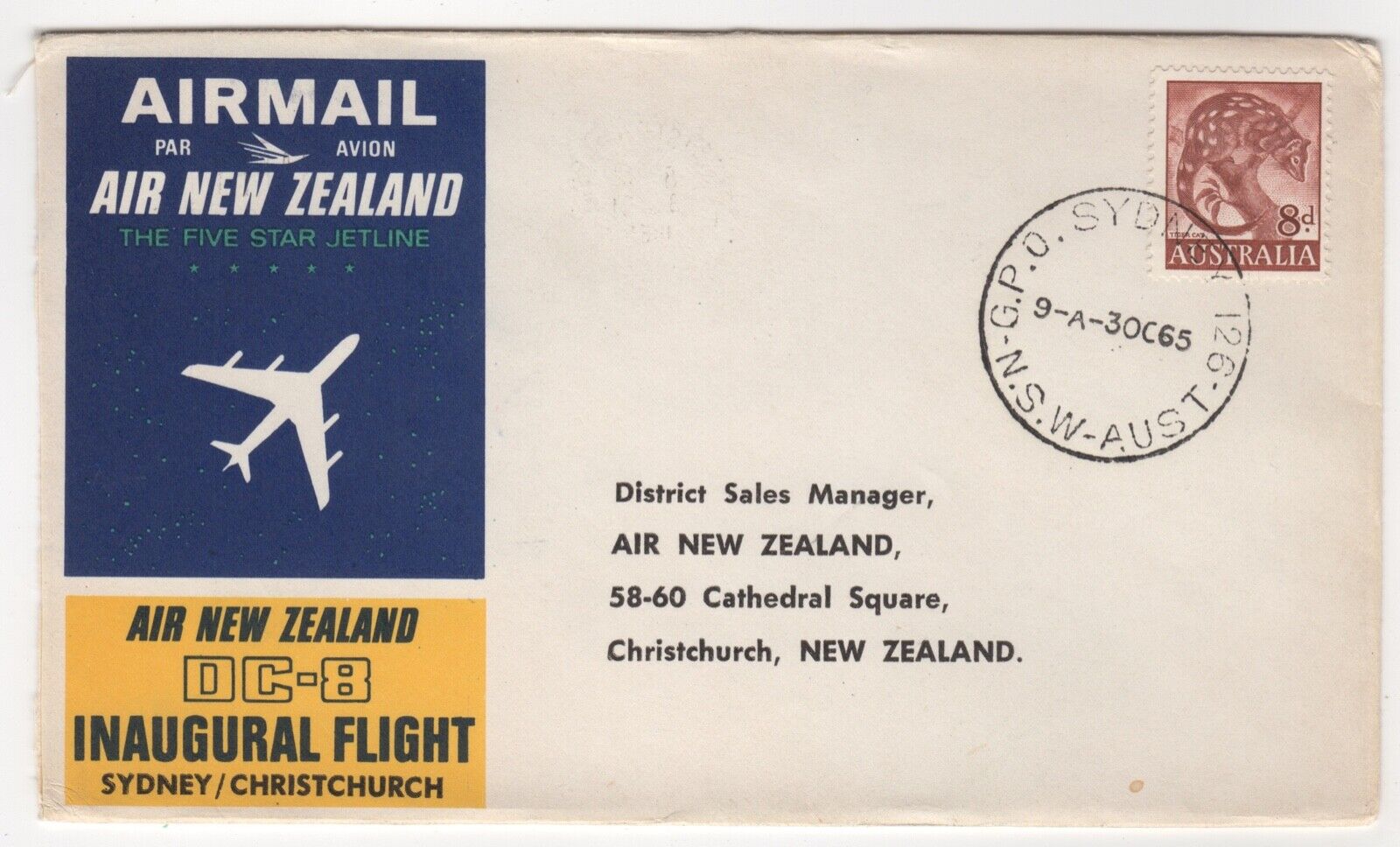 1965 Oct 3rd. Flight Cover. DC8. Sydney to Christchurch. AAMC 15