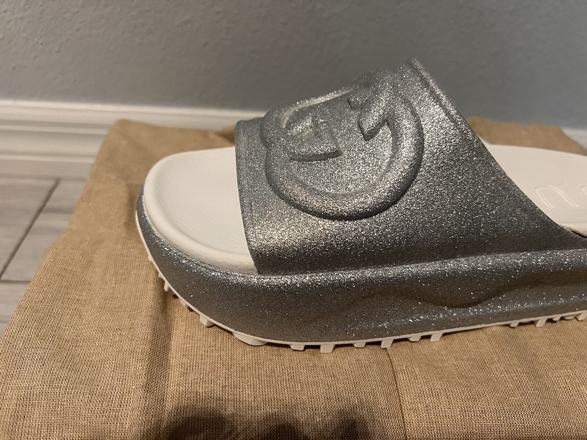 NWB Gucci Platform Slides Interlocking GG Glitter Rubber