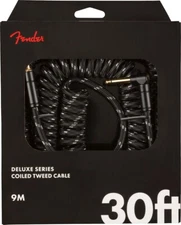 Fender Coiled Guitar/Instrument Cable, BLACK TWEED Straight to Right-Angle 30'ft