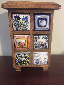 10 Wooden Spice Rack W 6 Ceramic Porcelain Painted Drawers Wood