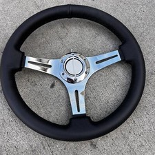 14 Inch 350mm Brushed Chrome Steering Wheel Licensed Ss Horn -black Leather
