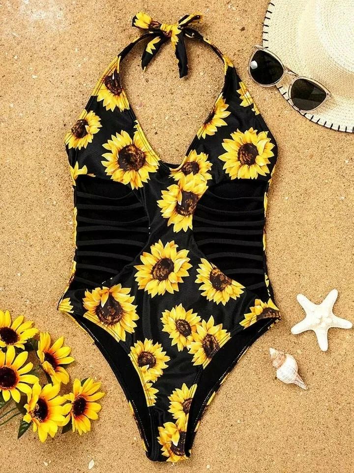 Sexy Women's Black Sunflower 1 Piece Hollow High Waist Bathing Suit S-3XL