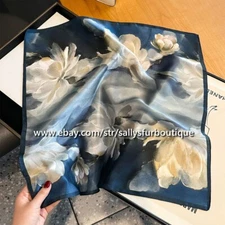 Sallys 100% Mulberry Silk Scarf Florals Print Square Necktie Hairband 21" Blue
