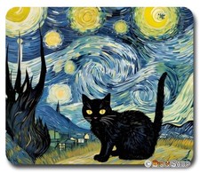 Van Gogh Starry Night Black Cat - Mouse Pad / PC Mousepad - Fun Art Meme GIFT