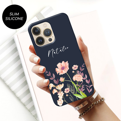 Personalisierte Handyhülle Blumen Name Silikon Cover für iPhone 13 12 11 Pro 14 7