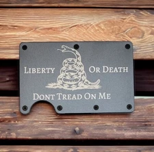 Engraved In USA, "Gadsden Liberty or Death," Slim Wallet, RFID Blocking Aluminum
