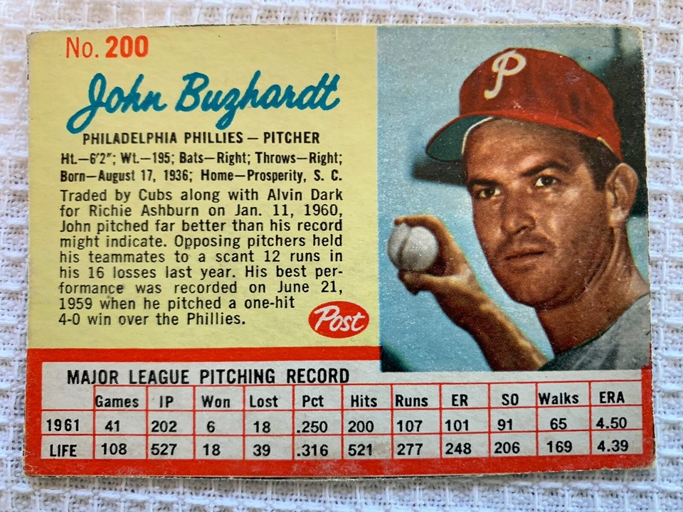 1962 Post Cereal Baseball Lot 4 Hand Cut Cards 88, 174, 194, 200