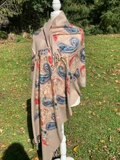 Fringed India Rebozo Pashmina Wrap Shawl Embroidered 5.5x2.2 Tan Beige K17