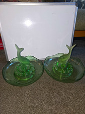 Pair Green Glass Fish-Themed Bowls/Dishes, Fish Pattern, Glass Bowl Set