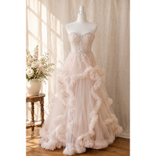 NWT Mac Duggal Pink Beaded Sequin Ruffle Tulle Ball Gown Dress Size 8 $998