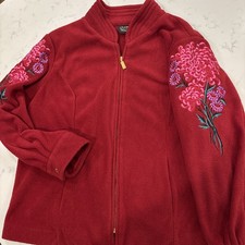 VTG Bob Mackie Wearable Art Fleece Jacket Floral Embroidered Cranberry Size 1X