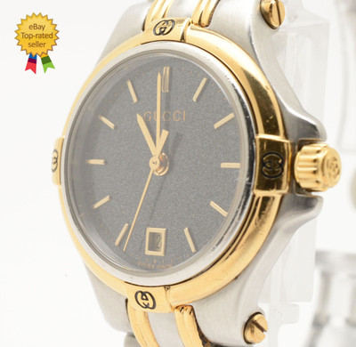Vintage [N MINT] GUCCI 9040L Gold Black Dial Two Tone Date Qz Ladies Watch JAPAN