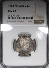 1883 Hawaiian Quarter NGC MS62 Uncirculated Coin