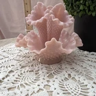 Vintage pink milkglass hobnail vase with ruffled edge and three trumpet inserts