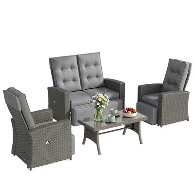 Outsunny 4 Piece Rattan Garden Furniture Set with Sofa, Glass Table, Grey - Image 1 of 4